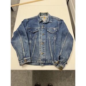 Carhartt Denim Jacket Blue Trucker Style Button Up Workwear Size Large